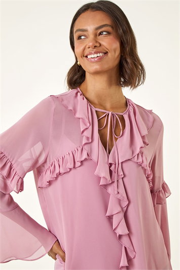 Purple Chiffon Tie Neck Ruffle Tunic Top