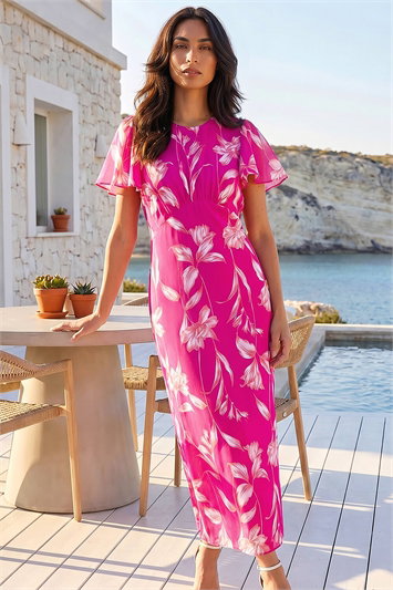 Floral Print Flutter Sleeve Midi Dress 14793651