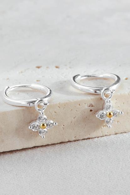 Metallic Sterling Silver Cz Dainty Flower Huggie Hoops
