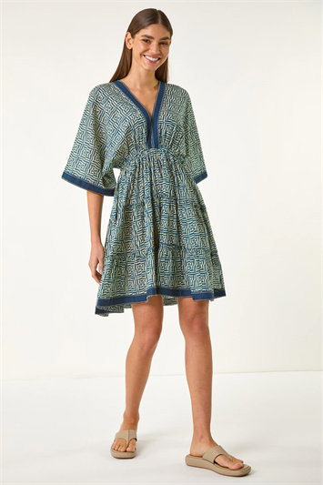 Blue Geometric Contrast Tiered Dress