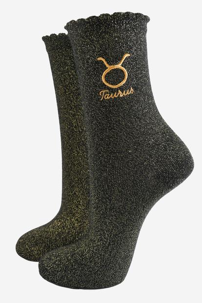 Black Embroiderd Taurus Zodiac Glitter Socks