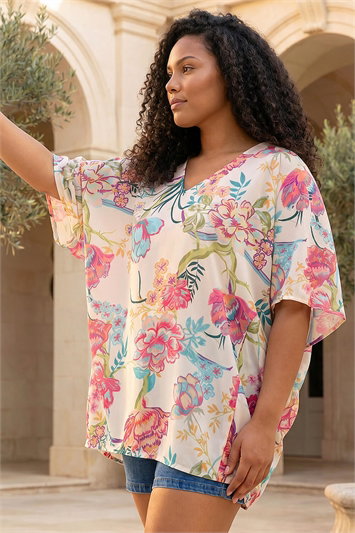 Pink Curve Floral Cocoon Woven Top