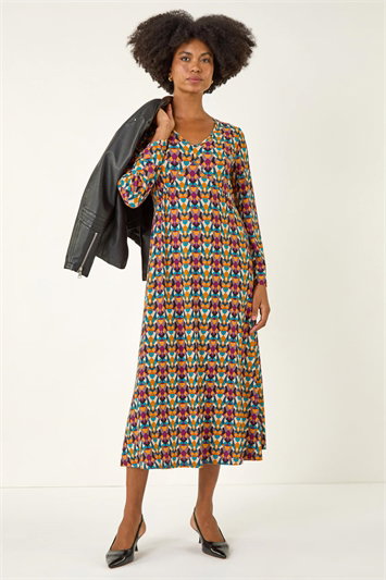 Geo Print Stretch Midi Dress 14754501