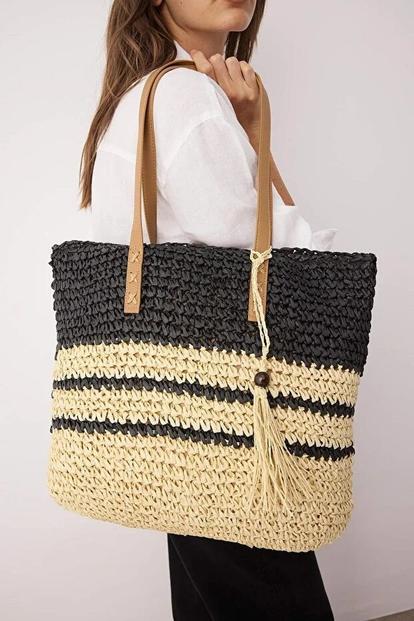 Multi Striped Straw Tassel Beach Tote Bag