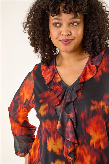 Orange Curve Ruffle Mesh Tunic Top