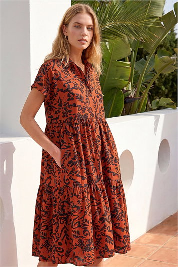 Red Leaf Print Collared Smock Dress