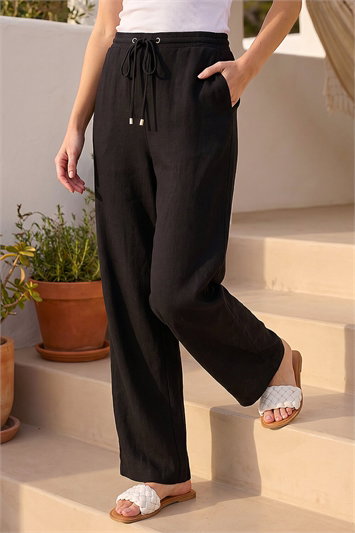 Black Elastic Tie Waist Linen Blend Trouser