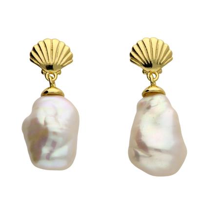 Metallic Gold Plated Shell Stud With Natural Keshi Pearl Drop Modern Earrings