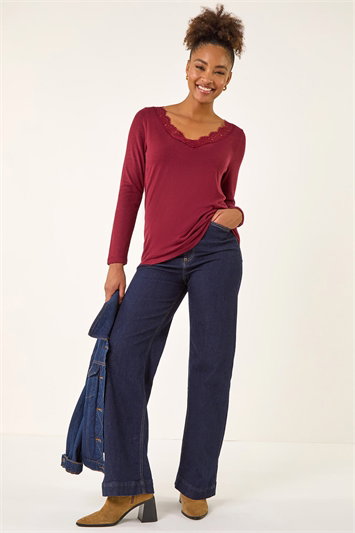 Red Lace V-Neck Stretch Top