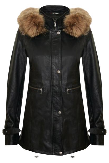 Black Leather Hooded Parka Jacket-Putian