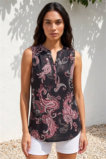 Black Paisley Puff Print Vest Top