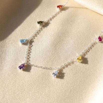 Metallic Vibrant Multi Colour Gemstone Teardrop Silver Necklace