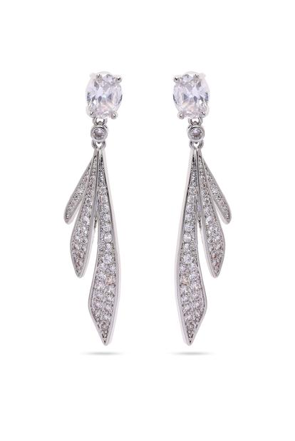 Metallic Silver Colored Feather Drop Earrings