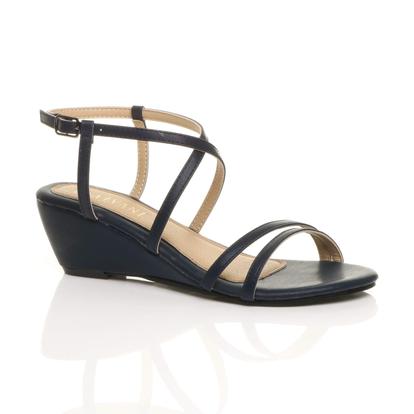 Black Mid Wedge Heel Crossed Straps Sandals