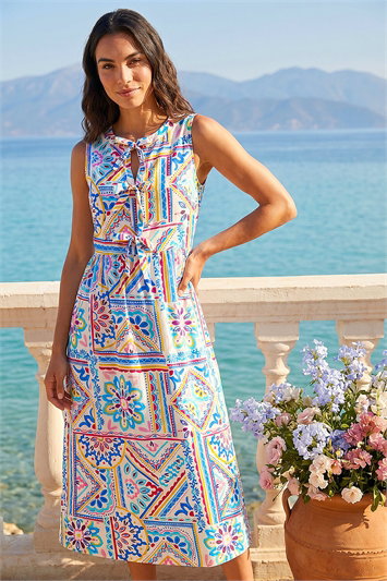 Blue Tile Print Bow Front Midi Dress