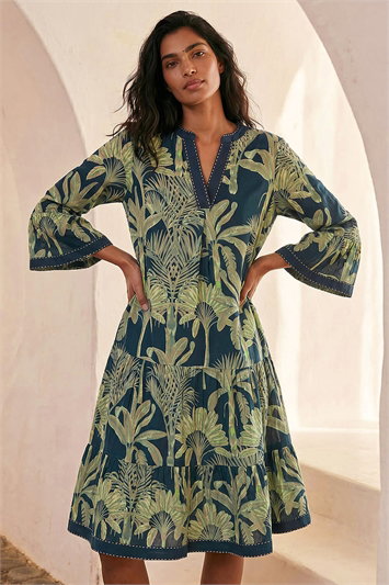 Blue Palm Print V-Neck Tiered Dress