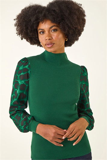 Green Animal Print Mesh Sleeve Knit