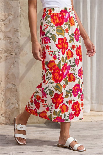 Orange Dusk Floral Print A-Line Midi Skirt