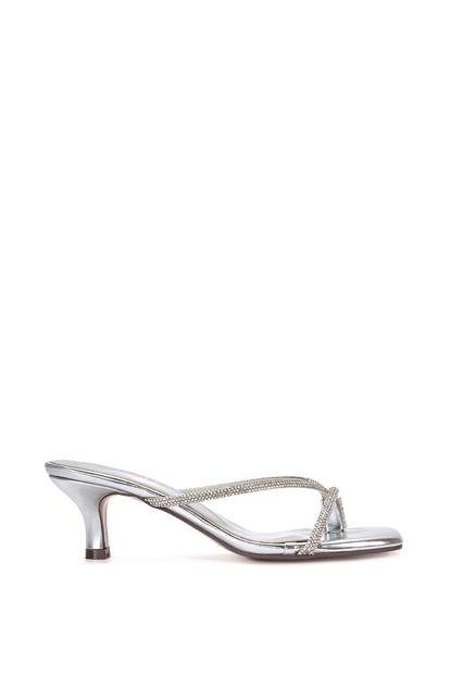 Black 'Megan' Toe Post Heeled Mules With Crystal Details