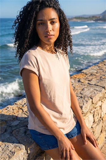 Cream Plain Stretch Cotton Jersey T-Shirt