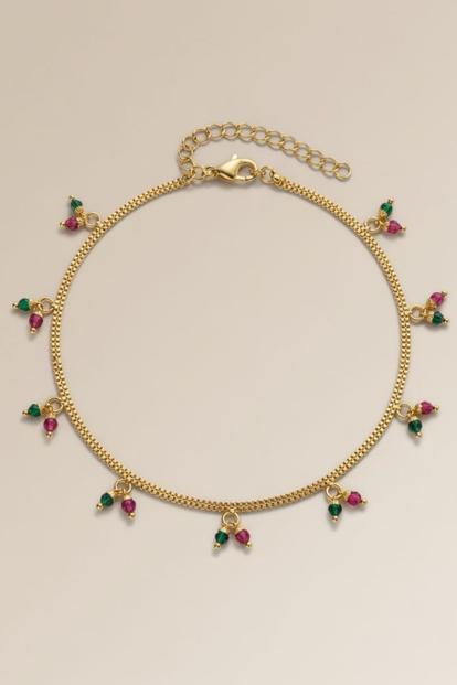 Metallic Golden Brass Rounds Red Green Beads Indian Payal Anklet