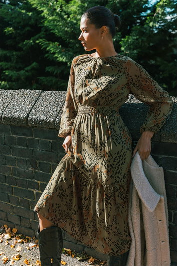 Green Speckled Print Keyhole Midi Dress