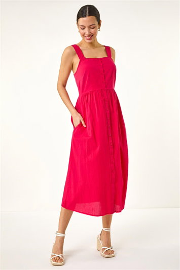 Pink Seersucker Button Midi Sundress