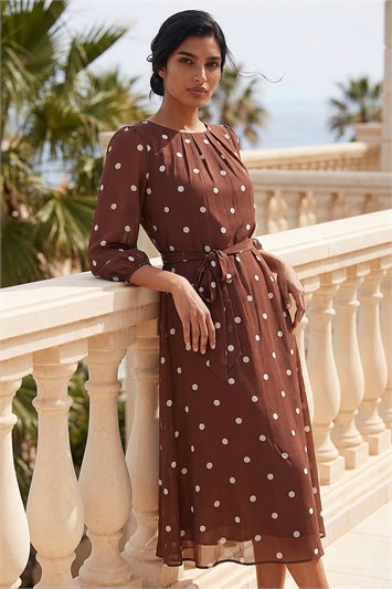 Brown Polka Dot Chiffon Pleated Midi Dress
