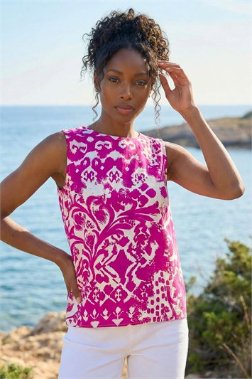 Pink Aztec Print Buttoned Back Vest Top