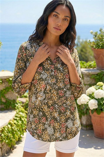 Green Floral Print Stretch Shirt