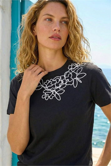 Black Embroidered Stretch T-Shirt
