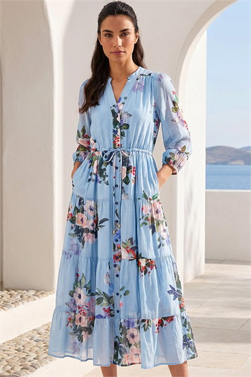 Floral Print Button Tiered Midi Dress 14918345