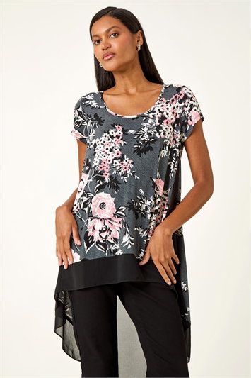 Grey Floral Puff Print Stretch Shirt