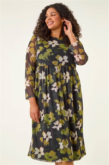 Green Curve Floral Print Mesh Midi Dress