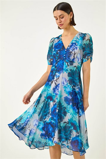 Blue Floral Print Chiffon Midi Dress