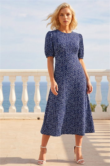 Blue Petite Abstract Stretch Midi Dress