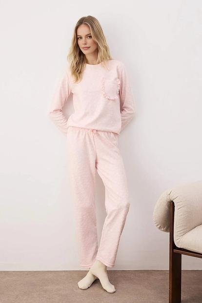 Pink Heart Jacquard Ruffle Pocket Long Sleeve Knit Pyjama Set