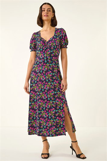 Floral Print Ruched Stretch Midi Dress 14828572