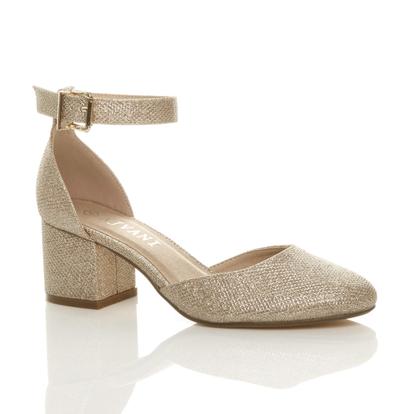 Metallic Mid Block Heel Ankle Strap 2 Part Heels