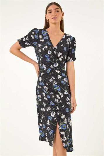 Black Floral Ruched Sleeve Dress