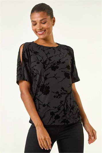 Black Floral Flocked Stretch Top