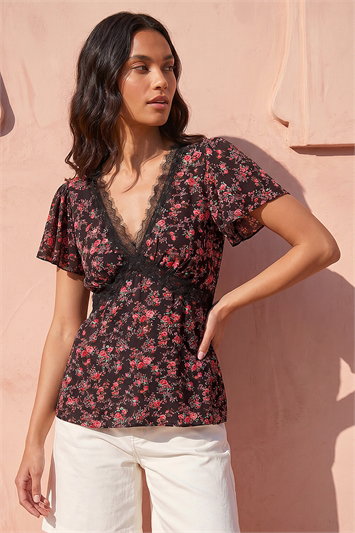 Floral Print Lace Detail Top 20260208