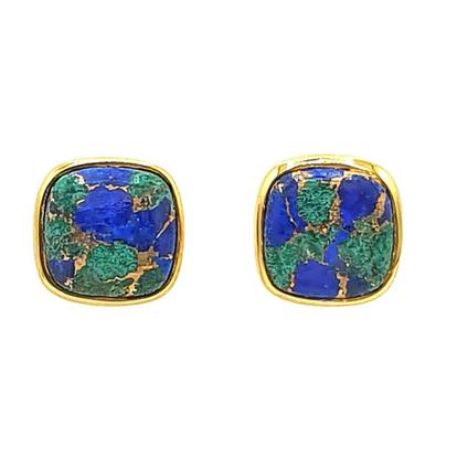 Metallic 18Ct Gold Vermeil Plated Azurite And Malachite Gemstone Stud Earrings