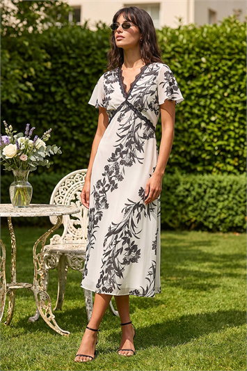 Lace Trim V-Neck Chiffon Midi Dress 14741194