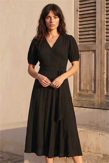 Black Wrap Bodice Belted Midi Dress