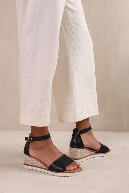 Black 'Dusk' Wide Fit Wedge Ankle Strap Shoes