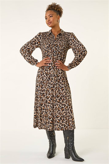 Brown Animal Print Shirred Midi Dress