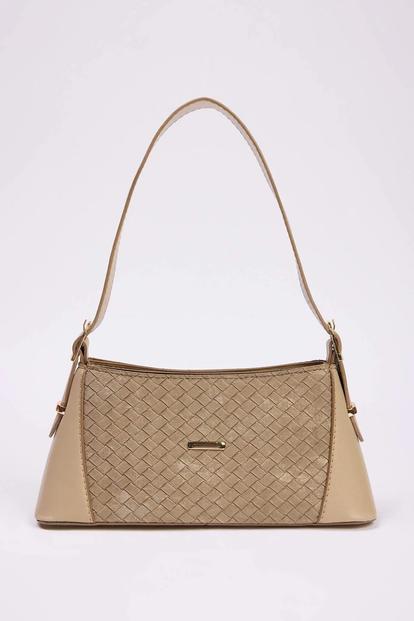 Blue Woven Panel Shoulder Bag With Gold Hardware