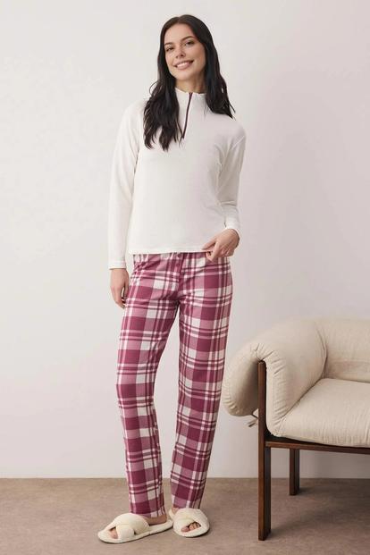 Multi Zip Neck Waffle Knit Top And Check Flannel Trouser Pyjama Set