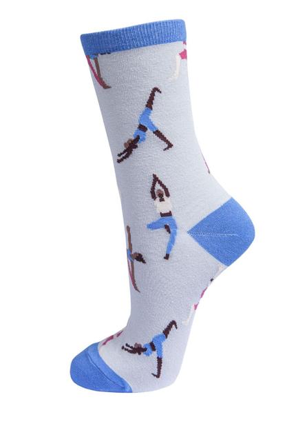 Blue Yoga Pose Bamboo Socks -  Light Grey
